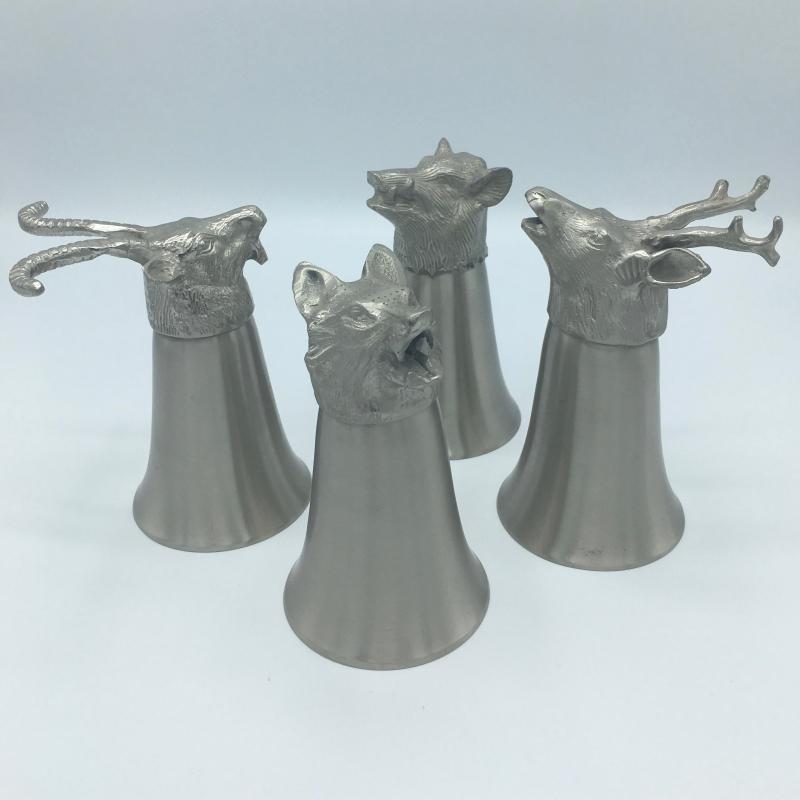 Vintage Set of 4 Animal Head Stirrup Cups Goblets Pewter and Silverplate