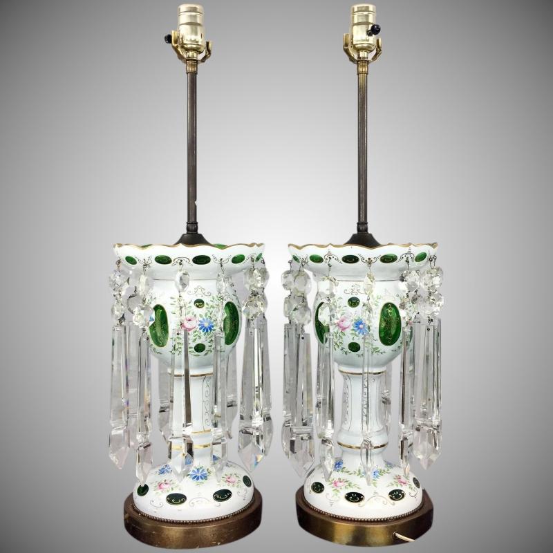 Pair of Bohemian Cut to Green Glass Large Table Lamps with Crystal Prisms