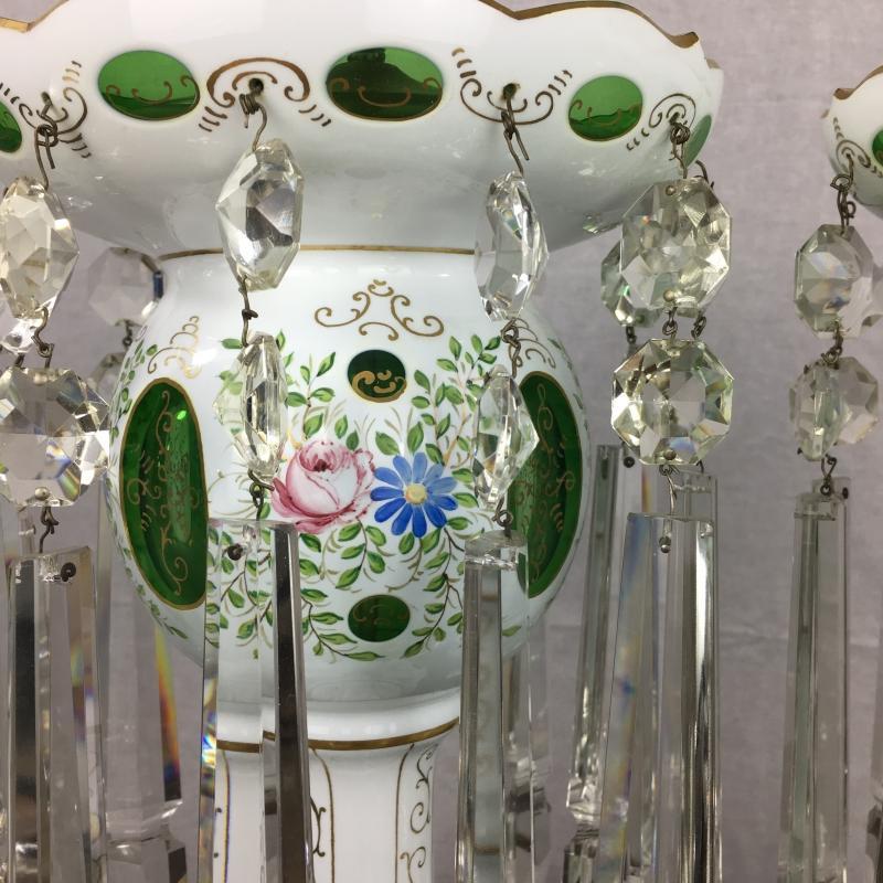 Pair of Bohemian Cut to Green Glass Large Table Lamps with Crystal Prisms