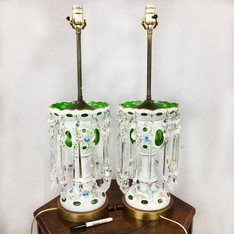Pair of Bohemian Cut to Green Glass Large Table Lamps with Crystal Prisms