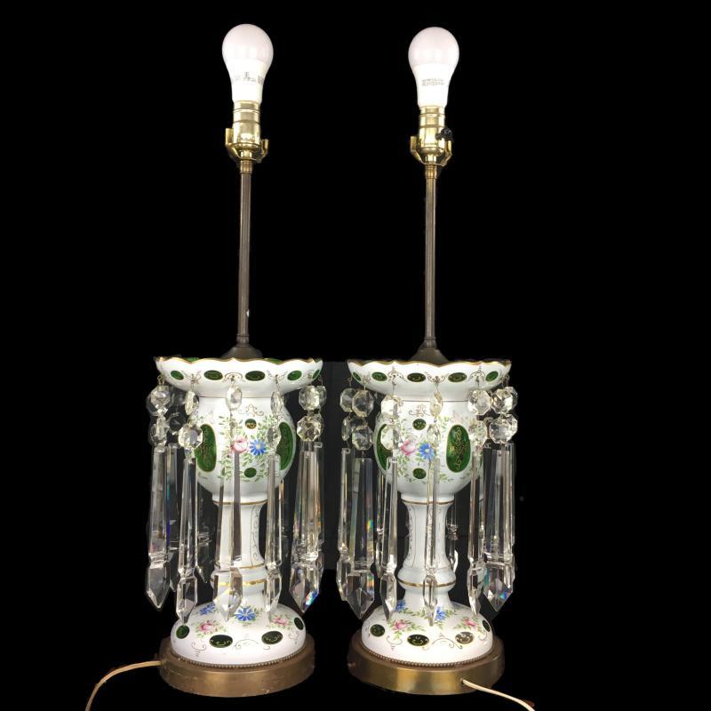 Pair of Bohemian Cut to Green Glass Large Table Lamps with Crystal Prisms