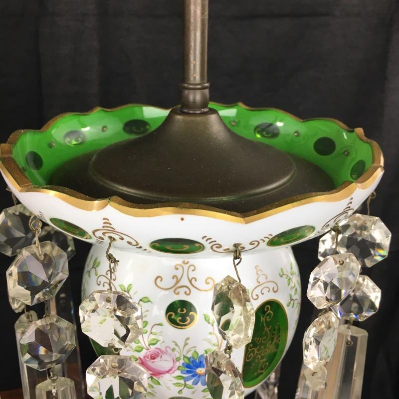 Pair of Bohemian Cut to Green Glass Large Table Lamps with Crystal Prisms