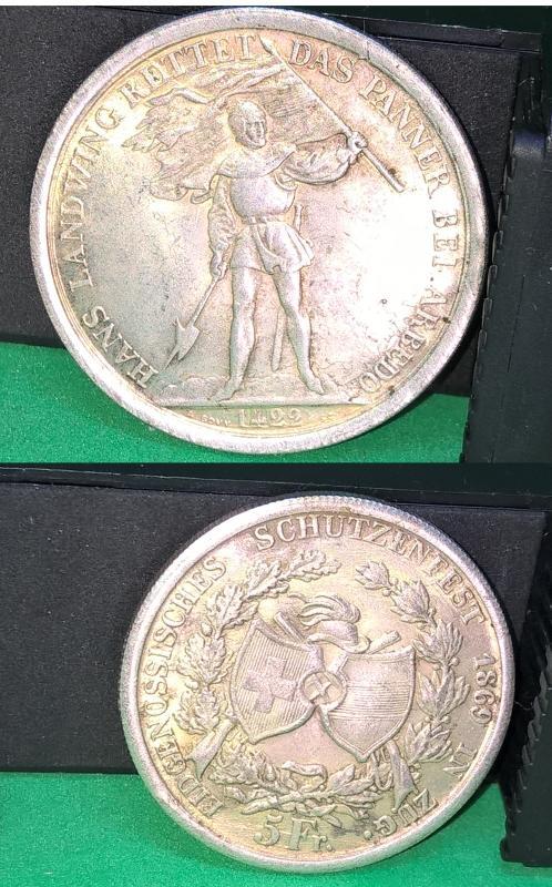 Rare Silver 1869 Suisse 5 Franc Zug Shooting Thaler