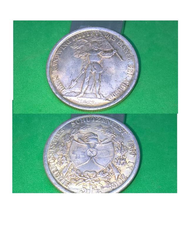 Rare Silver 1869 Suisse 5 Franc Zug Shooting Thaler