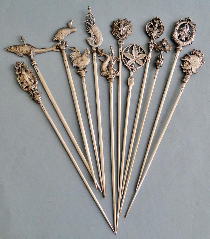 ANTIQUE VERY RARE SET OF 12 CHRISTOFLE SILVER PLATE SKEWERS FIGURAL FRANCE 1880