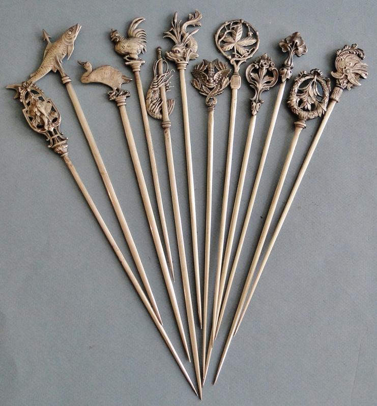 ANTIQUE VERY RARE SET OF 12 CHRISTOFLE SILVER PLATE SKEWERS FIGURAL FRANCE 1880