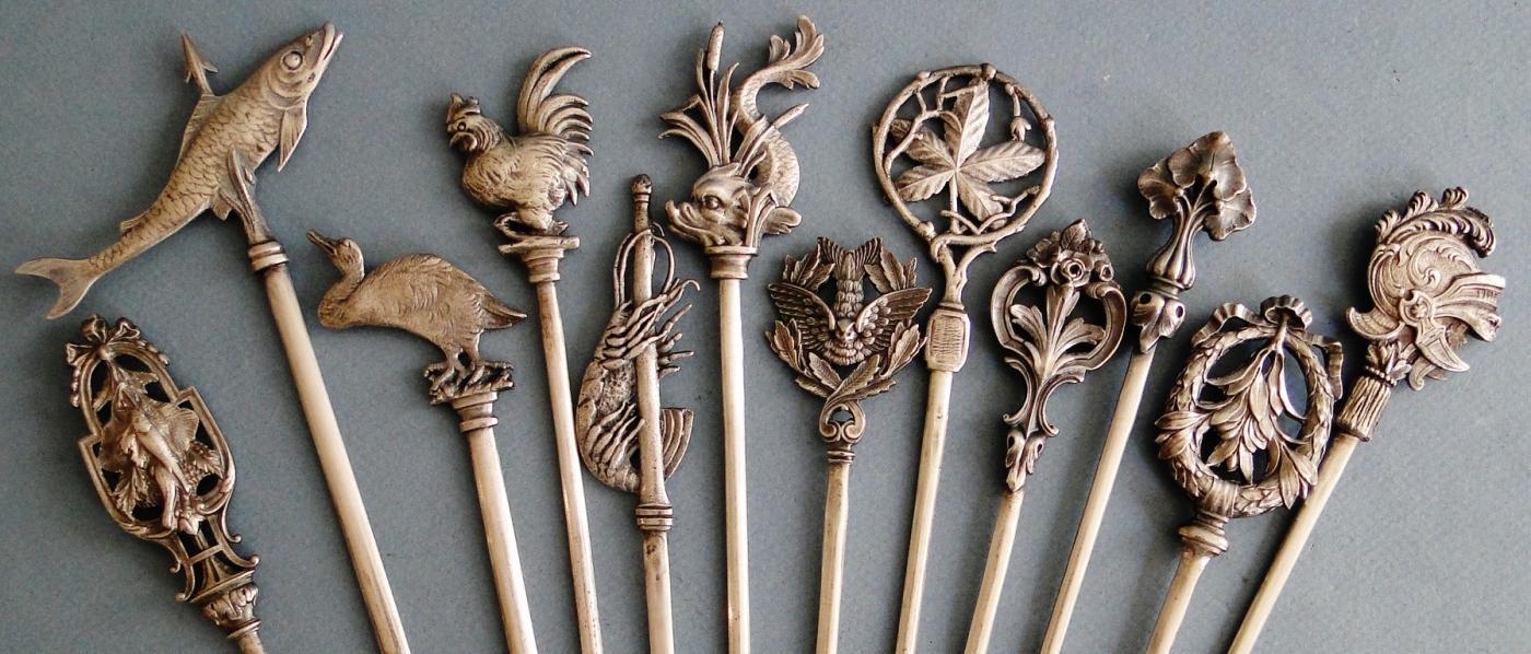 ANTIQUE VERY RARE SET OF 12 CHRISTOFLE SILVER PLATE SKEWERS FIGURAL FRANCE 1880