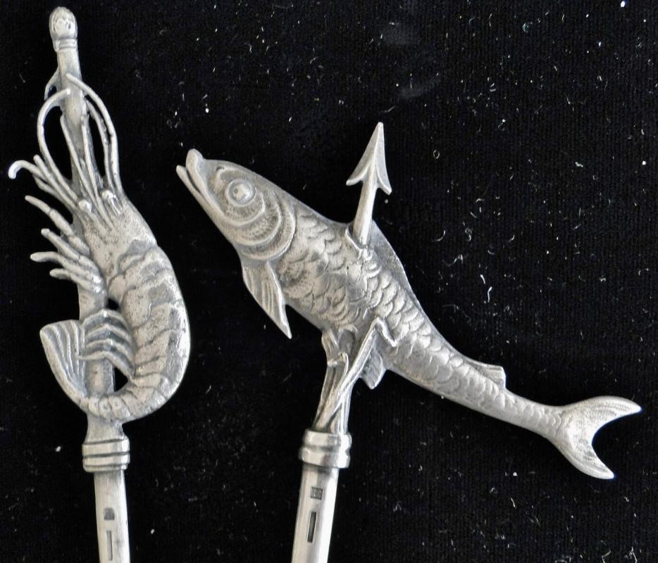ANTIQUE VERY RARE SET OF 12 CHRISTOFLE SILVER PLATE SKEWERS FIGURAL FRANCE 1880