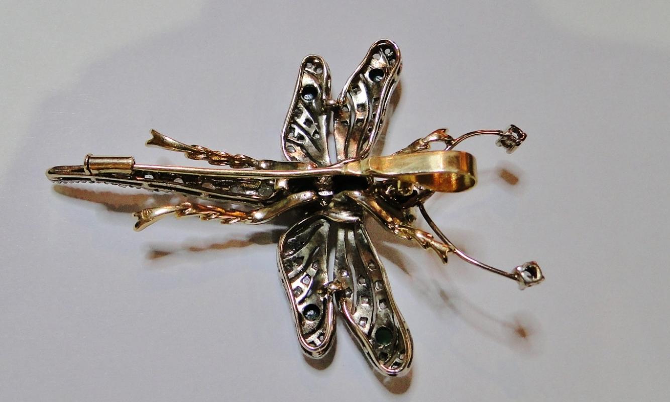 FINE ORNATE 18K GOLD DIAMOND & EMERALD FIGURAL BROOCH DRAGONFLY SIGNED