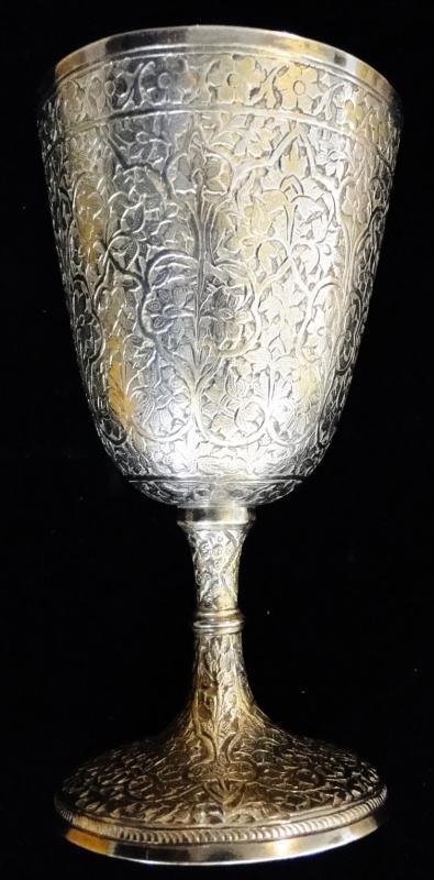 ANTIQUE FINELY DECORATED INDIAN SOLID SILVER GOBLET CUP KASHMIR FLORAL 1870 165g