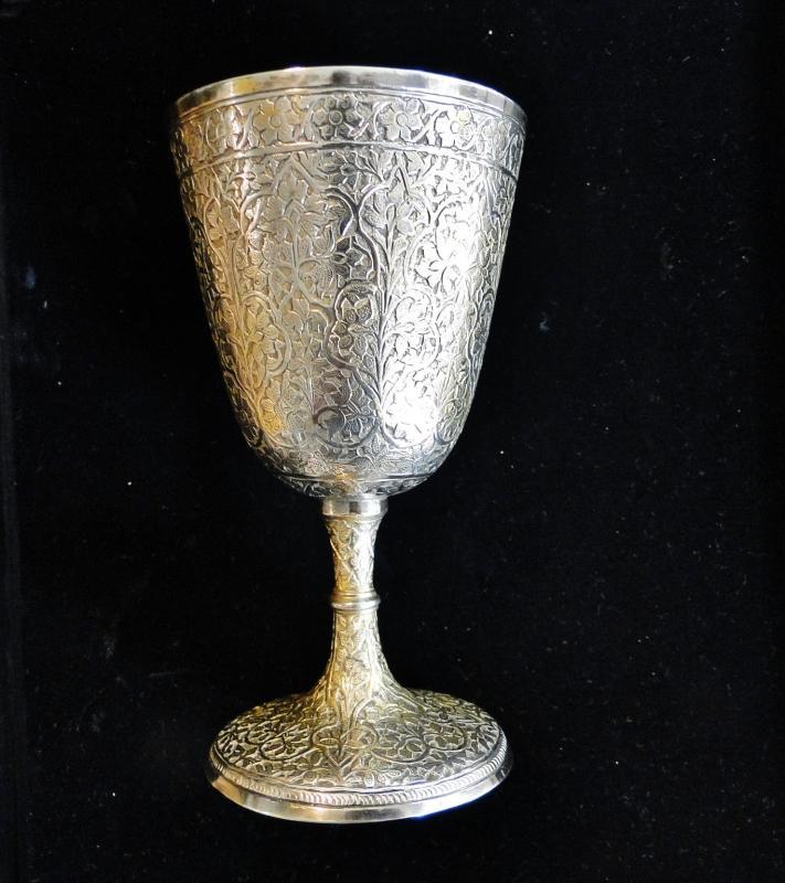 ANTIQUE FINELY DECORATED INDIAN SOLID SILVER GOBLET CUP KASHMIR FLORAL 1870 165g