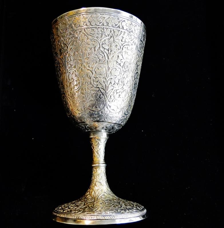 ANTIQUE FINELY DECORATED INDIAN SOLID SILVER GOBLET CUP KASHMIR FLORAL 1870 165g