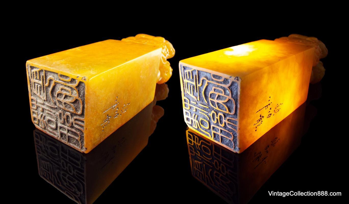 Large & Old Chinese Seal, Fujian Shoushan Stone Yellow orange with veins, hand carved Pixiu and son - Brave Troops - 6.6