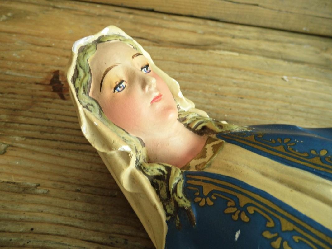 Antique Virgin Mary Madonna Statue Chalkware Plaster Vintage Immaculate Holy Mother Religious Chalkware Figurine Catholic Home Altar Shrine