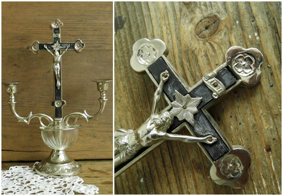 Antique Altar Crucifix Cross Candlestick Standing Metal Jesus Christ Holy Water Font Ornate Silver Vintage Christian Religious Home Shrine
