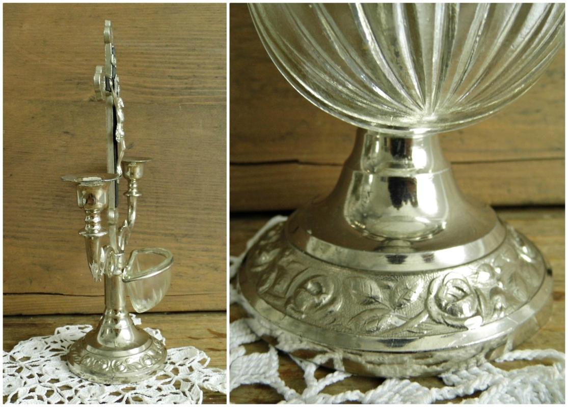 Antique Altar Crucifix Cross Candlestick Standing Metal Jesus Christ Holy Water Font Ornate Silver Vintage Christian Religious Home Shrine