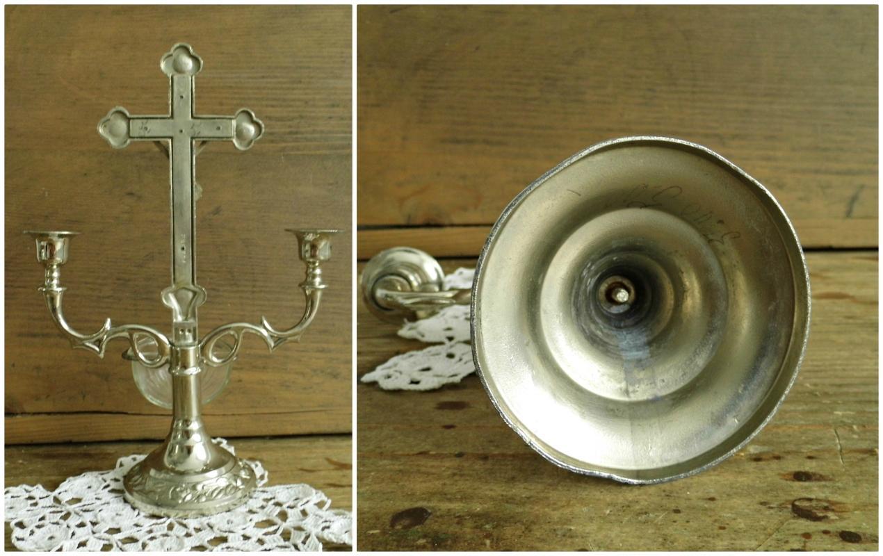 Antique Altar Crucifix Cross Candlestick Standing Metal Jesus Christ Holy Water Font Ornate Silver Vintage Christian Religious Home Shrine