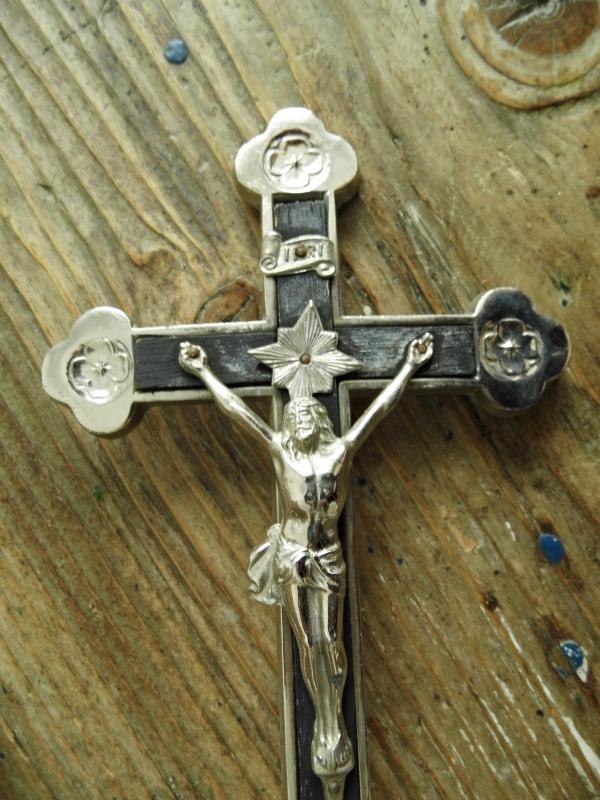 Antique Altar Crucifix Cross Candlestick Standing Metal Jesus Christ Holy Water Font Ornate Silver Vintage Christian Religious Home Shrine