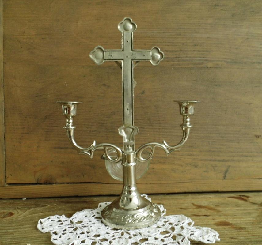 Antique Altar Crucifix Cross Candlestick Standing Metal Jesus Christ Holy Water Font Ornate Silver Vintage Christian Religious Home Shrine