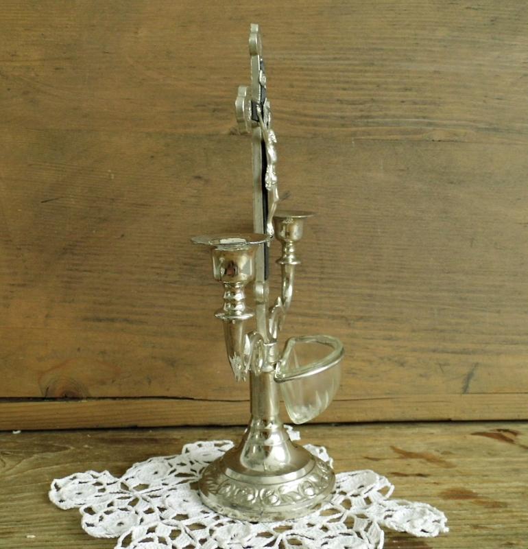 Antique Altar Crucifix Cross Candlestick Standing Metal Jesus Christ Holy Water Font Ornate Silver Vintage Christian Religious Home Shrine