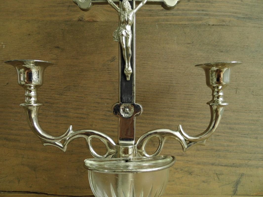 Antique Altar Crucifix Cross Candlestick Standing Metal Jesus Christ Holy Water Font Ornate Silver Vintage Christian Religious Home Shrine