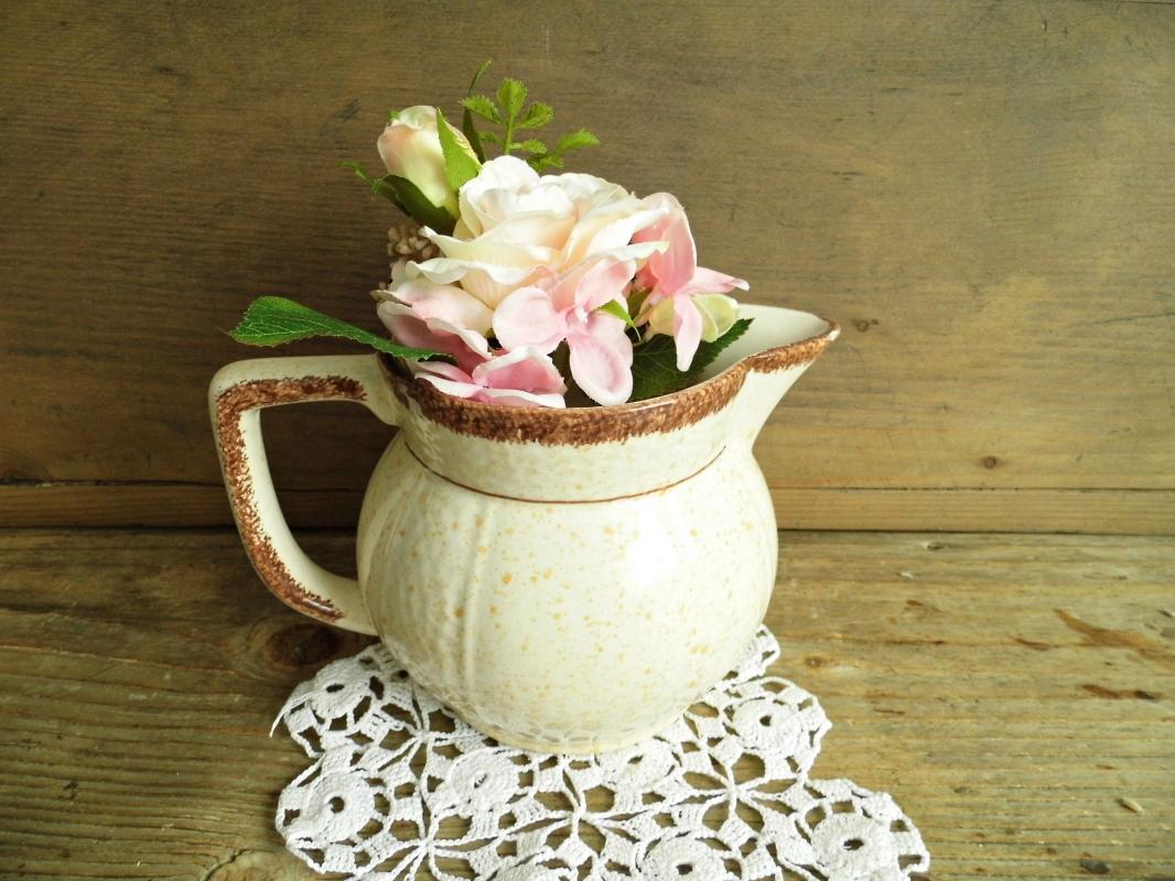 Antique Villeroy Boch Ceramic Pitcher Jar Vase Beige Speckled Hand Painted Glazed Vessel Jug Confit Pot Vintage Earthenware Rustic Stoneware