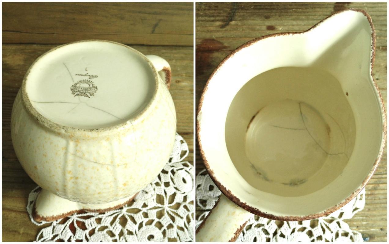 Antique Villeroy Boch Ceramic Pitcher Jar Vase Beige Speckled Hand Painted Glazed Vessel Jug Confit Pot Vintage Earthenware Rustic Stoneware