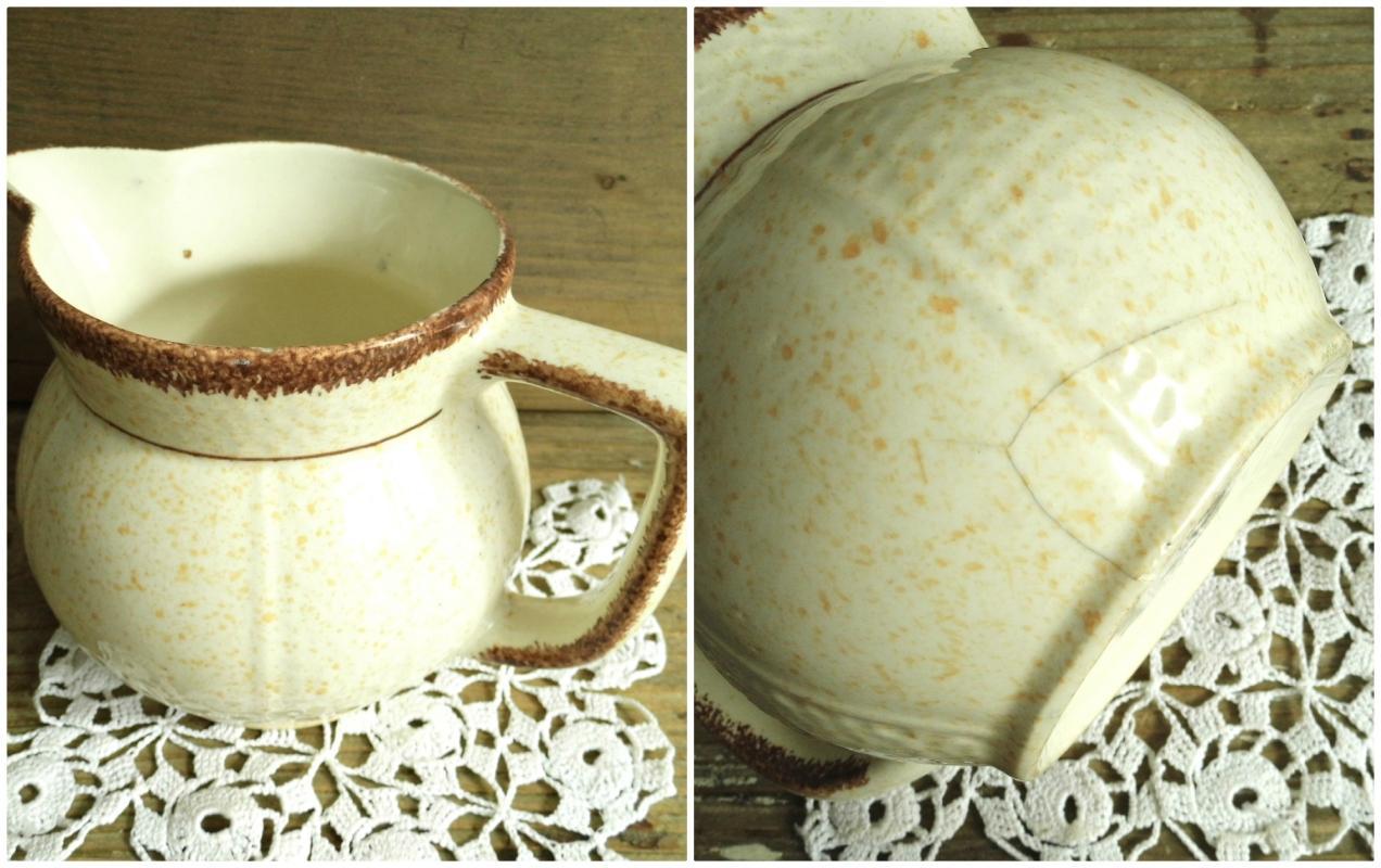 Antique Villeroy Boch Ceramic Pitcher Jar Vase Beige Speckled Hand Painted Glazed Vessel Jug Confit Pot Vintage Earthenware Rustic Stoneware