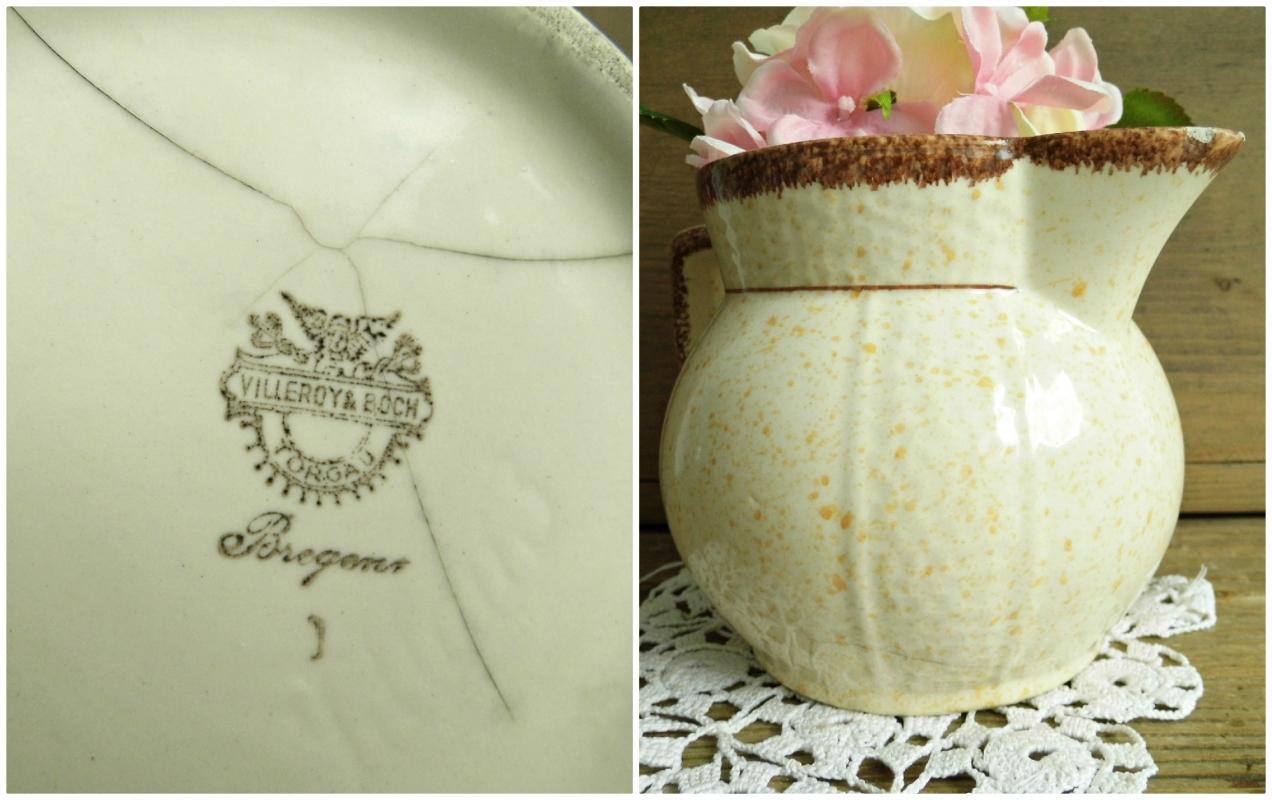 Antique Villeroy Boch Ceramic Pitcher Jar Vase Beige Speckled Hand Painted Glazed Vessel Jug Confit Pot Vintage Earthenware Rustic Stoneware