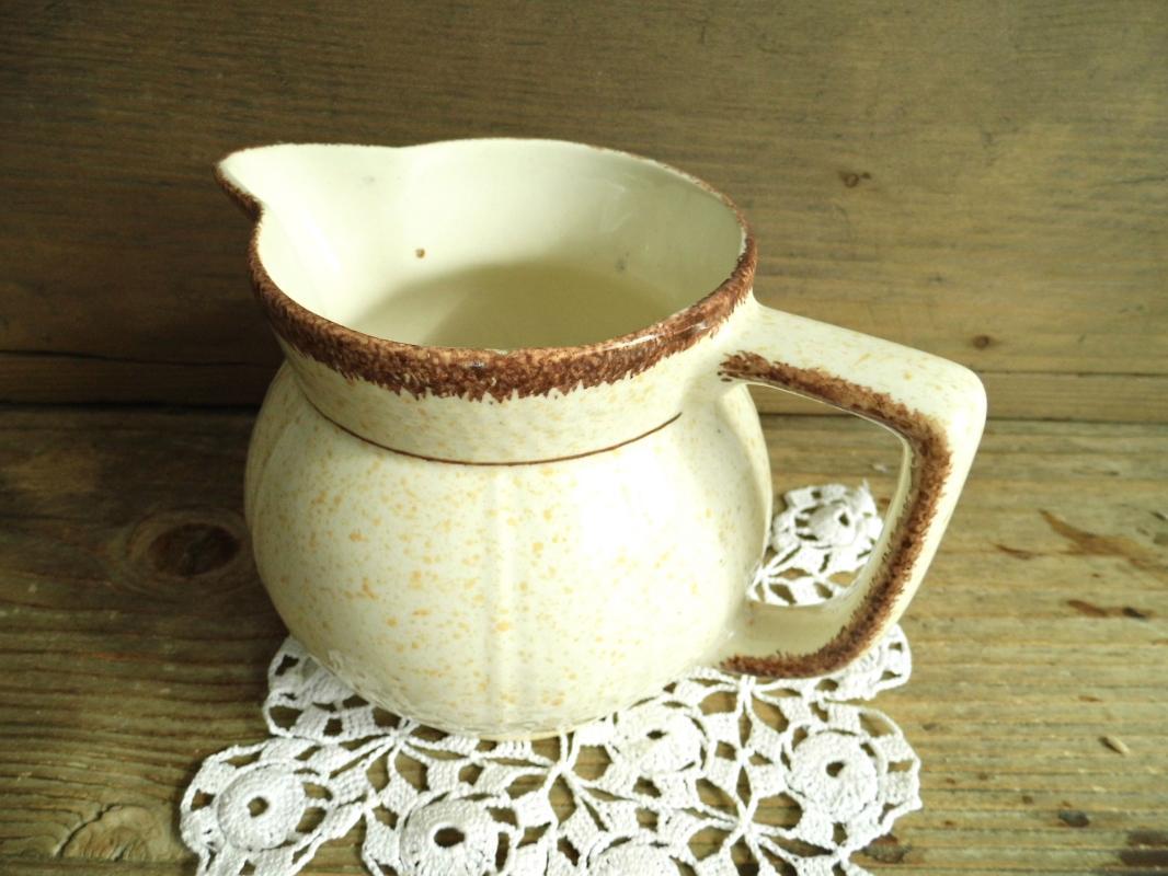 Antique Villeroy Boch Ceramic Pitcher Jar Vase Beige Speckled Hand Painted Glazed Vessel Jug Confit Pot Vintage Earthenware Rustic Stoneware