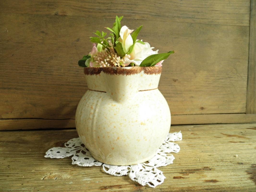 Antique Villeroy Boch Ceramic Pitcher Jar Vase Beige Speckled Hand Painted Glazed Vessel Jug Confit Pot Vintage Earthenware Rustic Stoneware