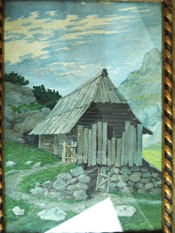 Antique Watercolor Painting Landscape Cottage House Wooden Gold Black Frame under Glass Primitive Farmhouse Rustic Wall Hanging Decor