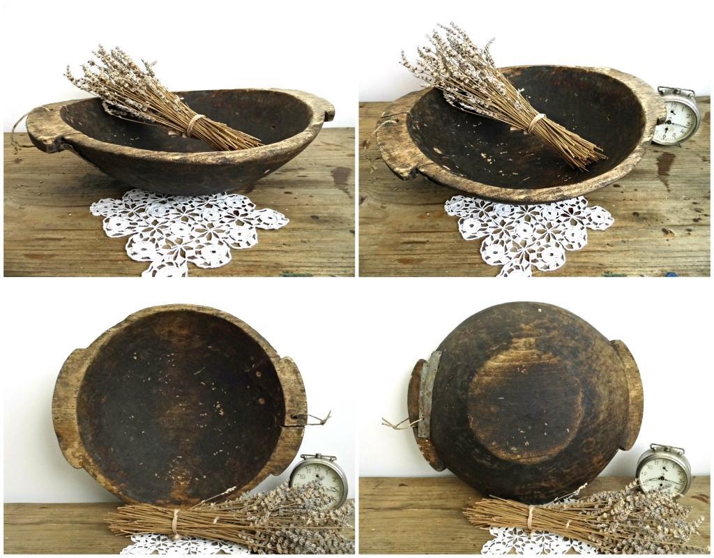 Antique Wooden Dough Bowl Primitive Proving Fruit Bread Bowl Handles Large Hand Carved Vintage Wood Trencher Rustic Kitchen Farmhouse Decor
