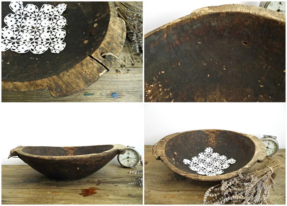 Antique Wooden Dough Bowl Primitive Proving Fruit Bread Bowl Handles Large Hand Carved Vintage Wood Trencher Rustic Kitchen Farmhouse Decor