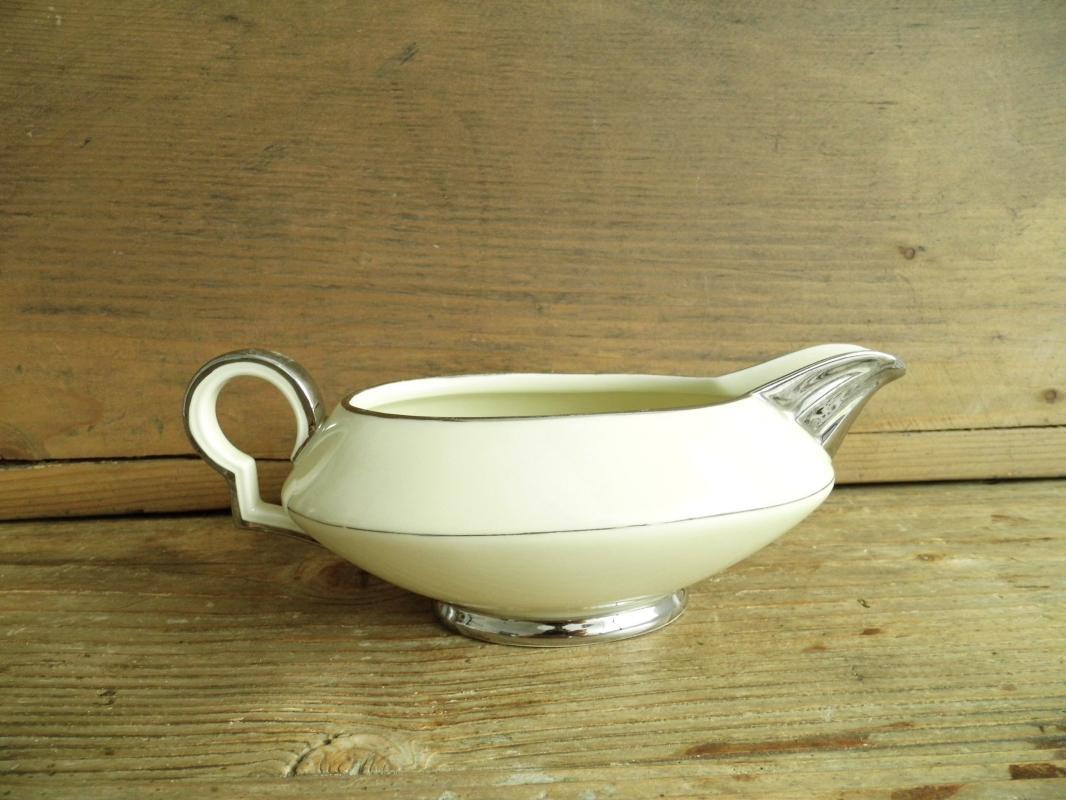 Antique Art Deco Gravy Sauce Boat Bowl Server Beige Silver Trim China Dining Transferware Art Nouveau H&C Haas Czjzek Bohemia Czechoslovakia