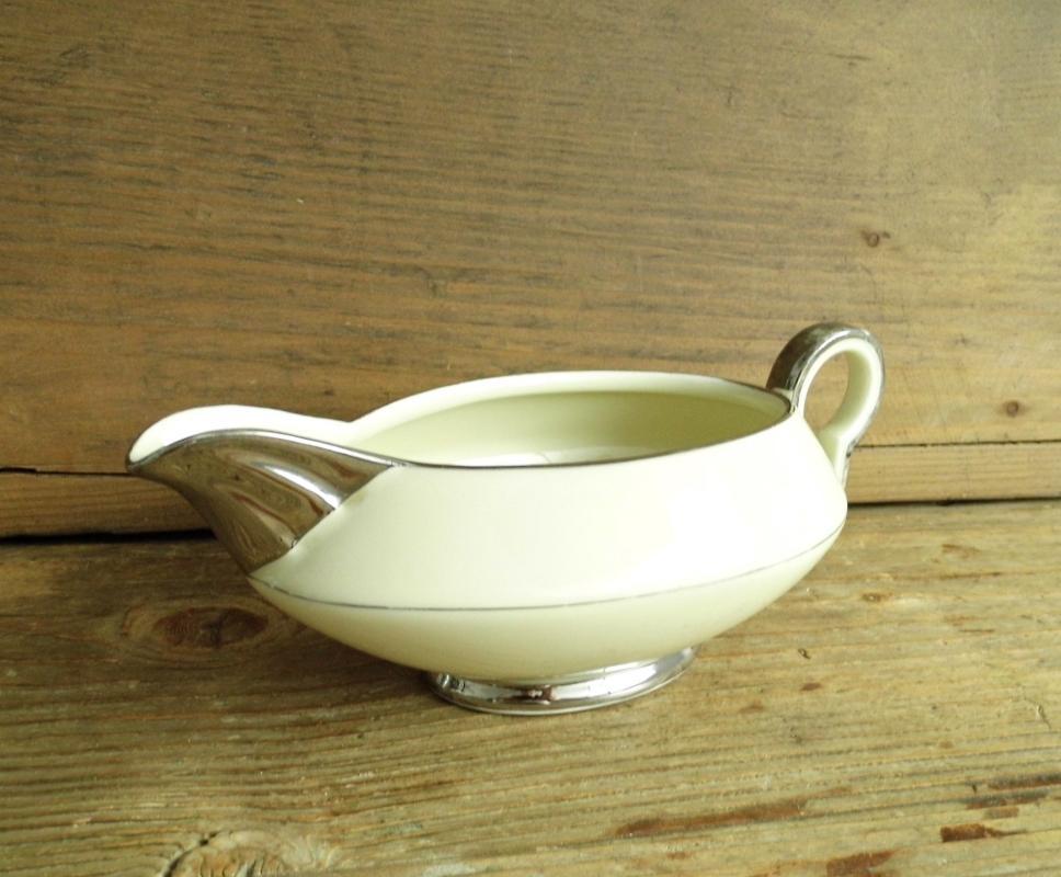 Antique Art Deco Gravy Sauce Boat Bowl Server Beige Silver Trim China Dining Transferware Art Nouveau H&C Haas Czjzek Bohemia Czechoslovakia