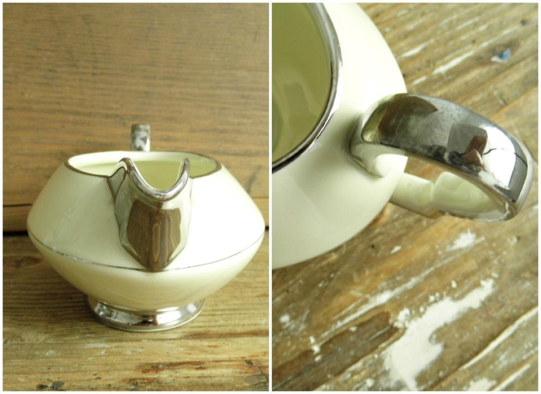 Antique Art Deco Gravy Sauce Boat Bowl Server Beige Silver Trim China Dining Transferware Art Nouveau H&C Haas Czjzek Bohemia Czechoslovakia