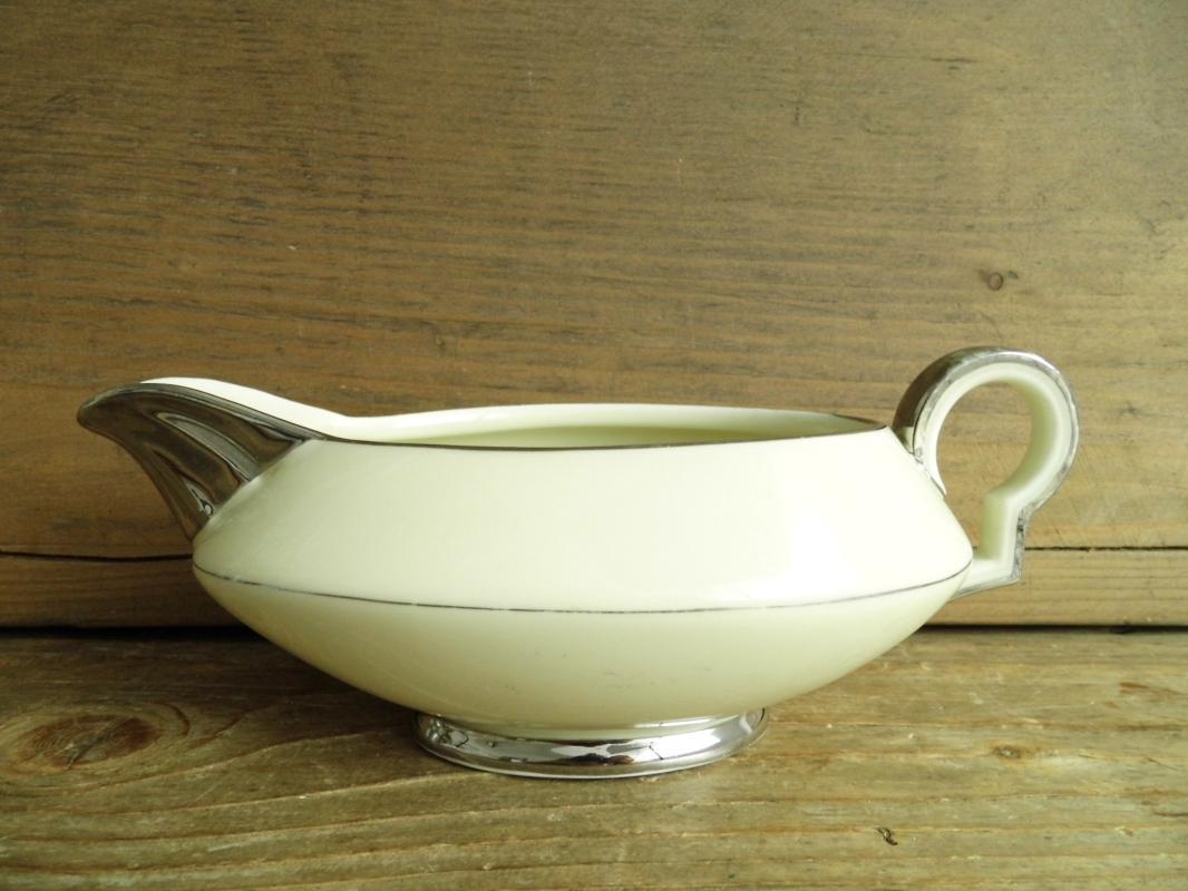 Antique Art Deco Gravy Sauce Boat Bowl Server Beige Silver Trim China Dining Transferware Art Nouveau H&C Haas Czjzek Bohemia Czechoslovakia