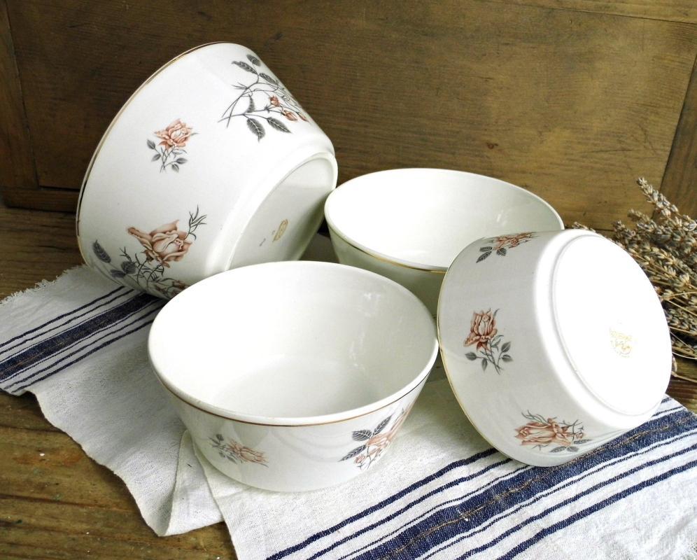 Set 4 Antique Porcelain Nesting Bowl Floral Rose White Serving Bowl Ditmar Urbach Gold Trim Vintage Fine China Czech Transferware Dinnerware