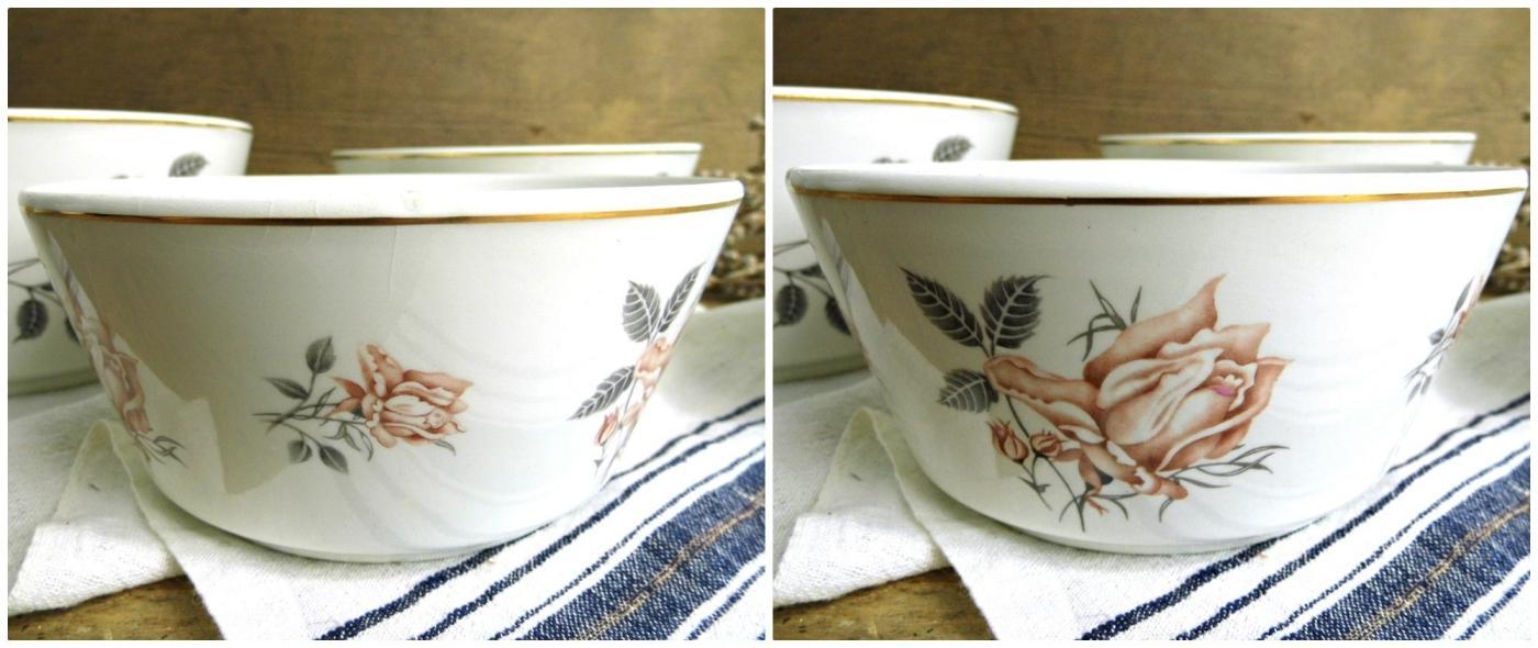 Set 4 Antique Porcelain Nesting Bowl Floral Rose White Serving Bowl Ditmar Urbach Gold Trim Vintage Fine China Czech Transferware Dinnerware