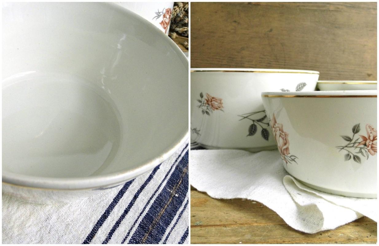 Set 4 Antique Porcelain Nesting Bowl Floral Rose White Serving Bowl Ditmar Urbach Gold Trim Vintage Fine China Czech Transferware Dinnerware
