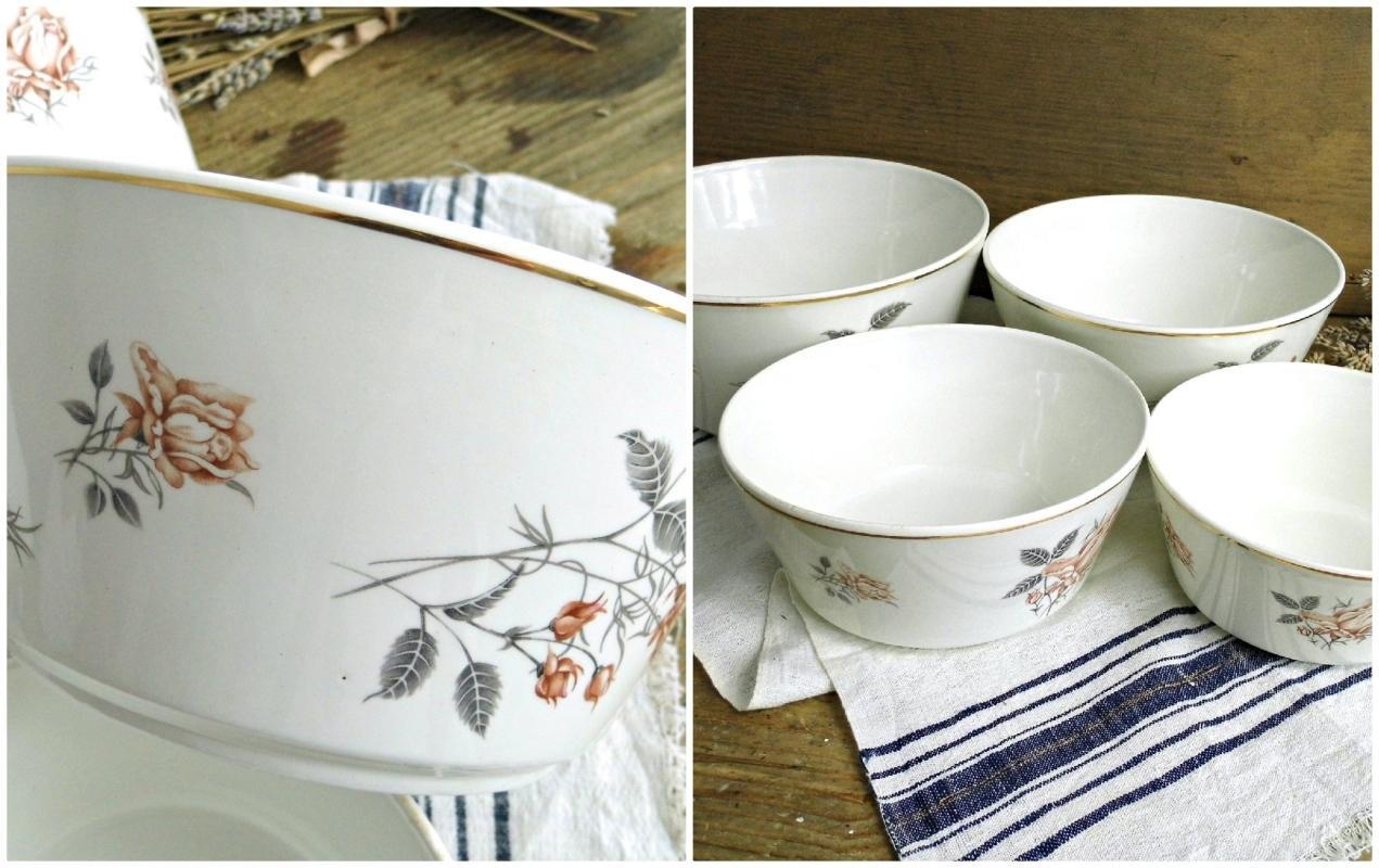Set 4 Antique Porcelain Nesting Bowl Floral Rose White Serving Bowl Ditmar Urbach Gold Trim Vintage Fine China Czech Transferware Dinnerware