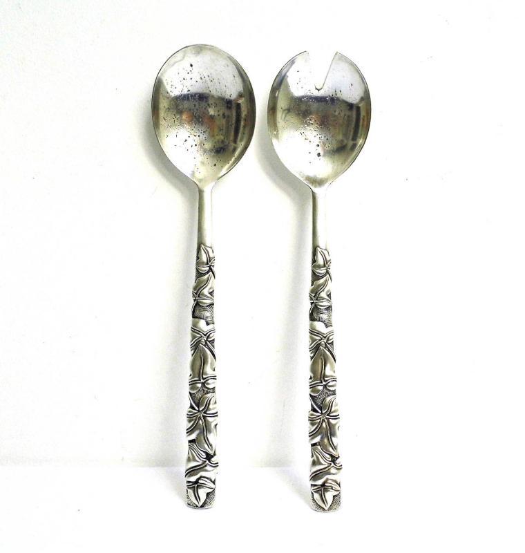 Silver Plated Salad Server Tosser Silea Vintage Metal Serving Utensil Mixing Spoon Ornate Floral Flatware Cutlery Gadget Dining Table Decor