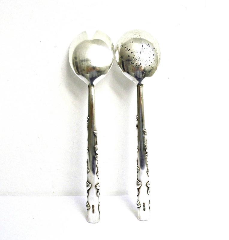 Silver Plated Salad Server Tosser Silea Vintage Metal Serving Utensil Mixing Spoon Ornate Floral Flatware Cutlery Gadget Dining Table Decor