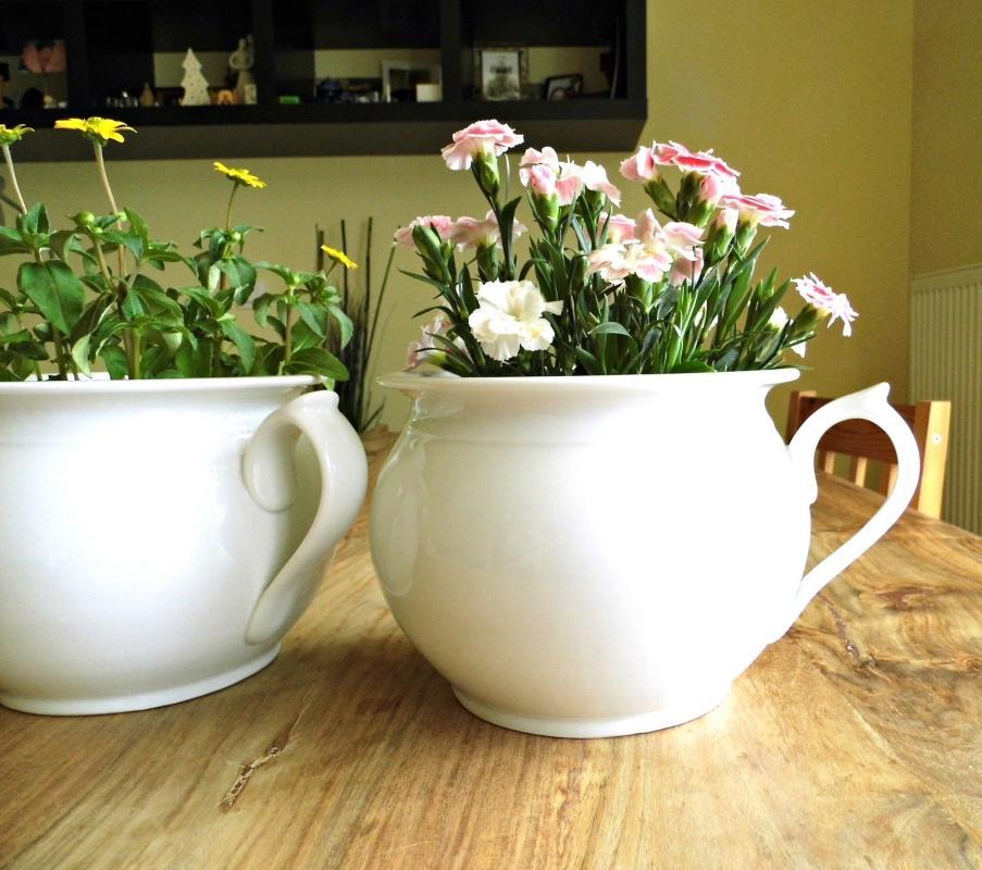 Antique Chamber Pot Porcelain Vintage H&C Bohemia Czech White Flower Pot Handle Planter French Farmhouse Shabby Cottage Decor Vase Ironstone