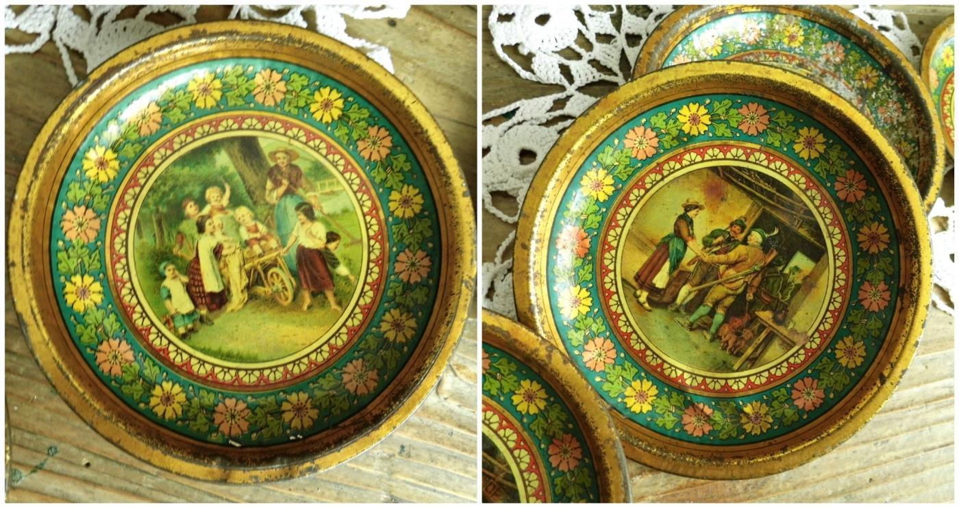 Set 10 Antique Tin Metal Coasters Vintage Drink Bottle Cup Mat Platter Round Green Gold Floral Village Motif Barware Utensil Farmhouse Decor