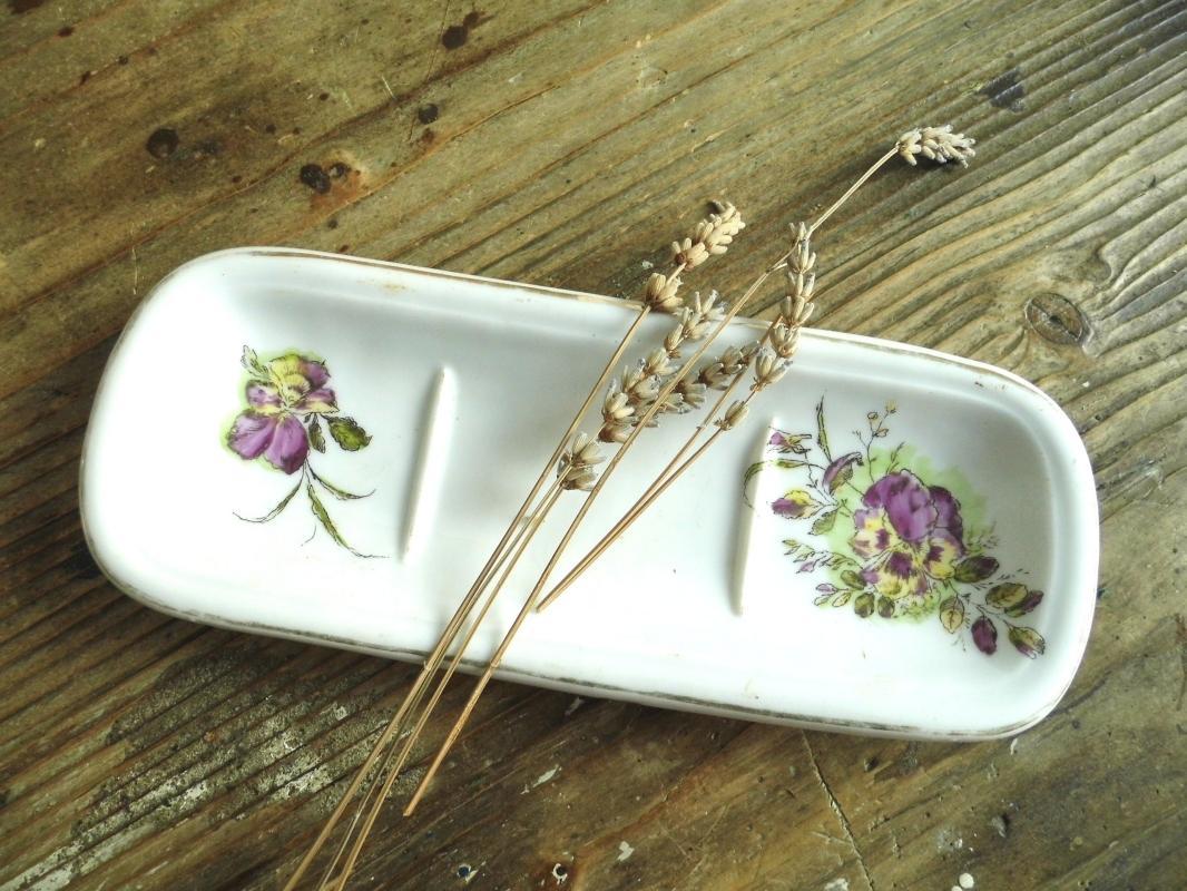Antique Porcelain Soap Bar Dish or Toothbrush Holder White Floral Ironstone Farmhouse Bath Decor Country Cottage Chic Bathroom Transferware