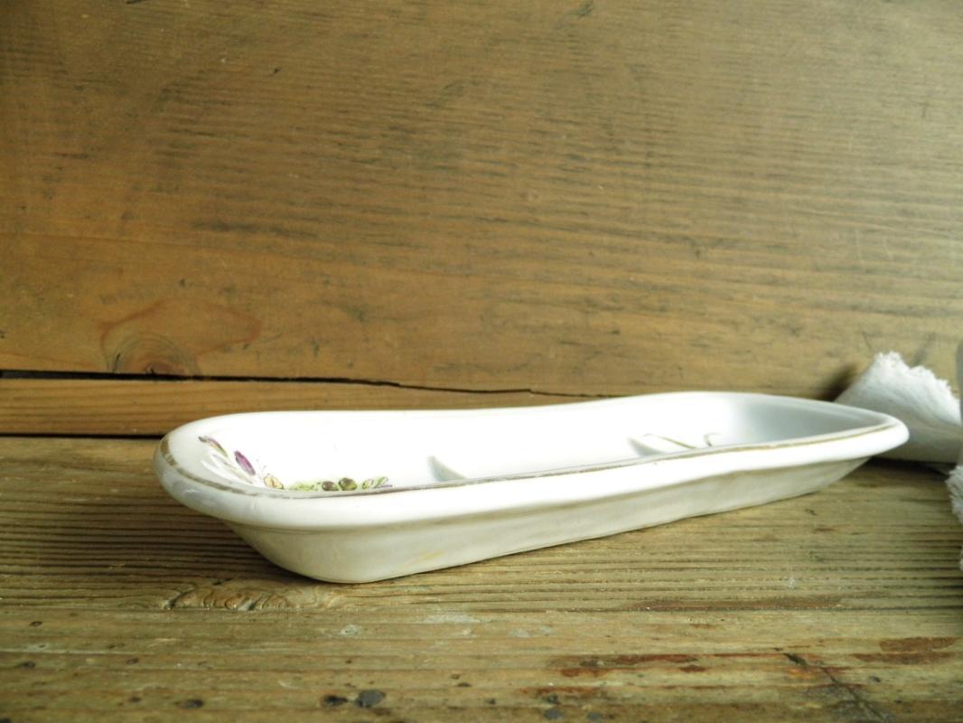 Antique Porcelain Soap Bar Dish or Toothbrush Holder White Floral Ironstone Farmhouse Bath Decor Country Cottage Chic Bathroom Transferware