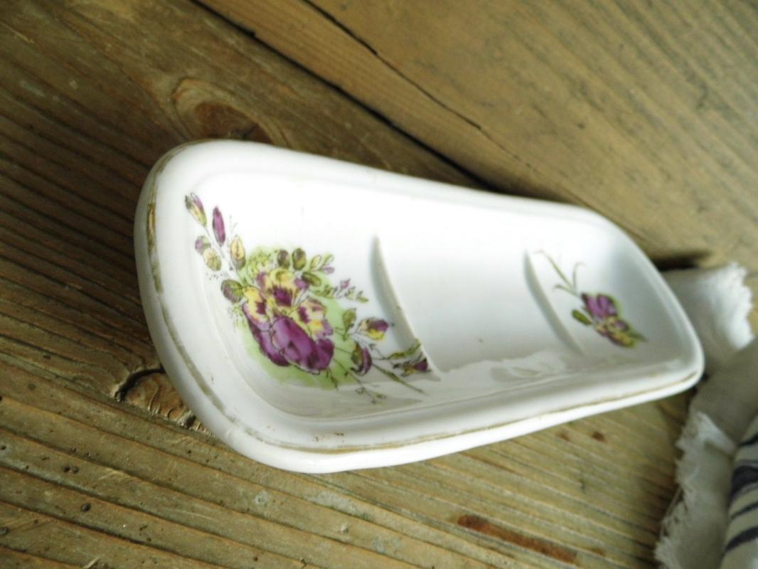 Antique Porcelain Soap Bar Dish or Toothbrush Holder White Floral Ironstone Farmhouse Bath Decor Country Cottage Chic Bathroom Transferware