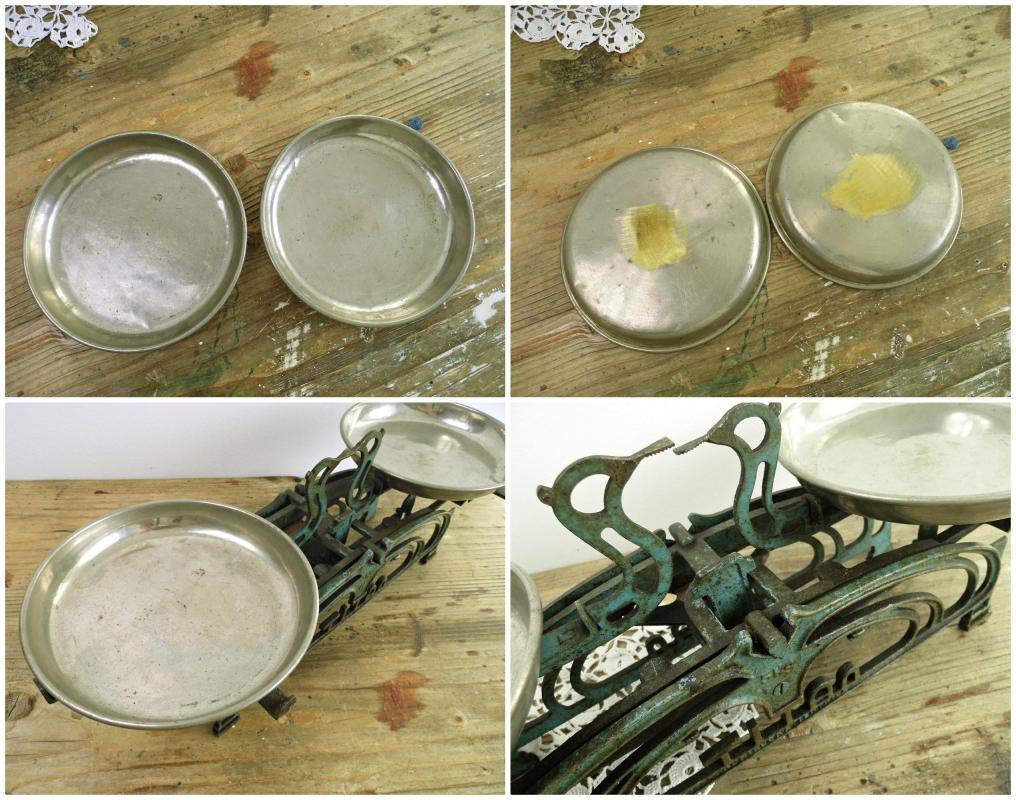 Antique Kitchen Scale Blue Green Vintage Metal Market Balance Scale Brass Trays Cast Iron Counter Rustic Farmhouse Kitchen Industrial Decor